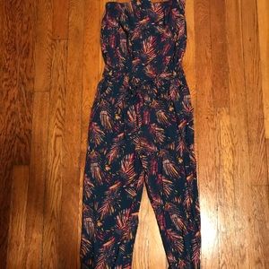 Strapless Long Romper with Feather Print